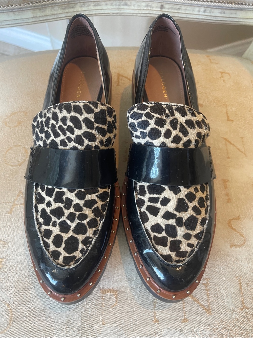 Halogen Black Patent Leather Loafers with Leopard Accent